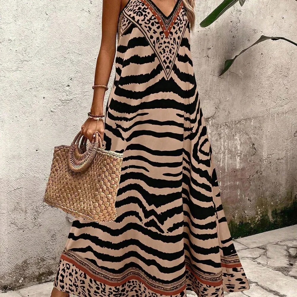 Khaki Boho Women's Elegant TigerPrint Loose Maxi Slip Dress - Picture 6 of 7